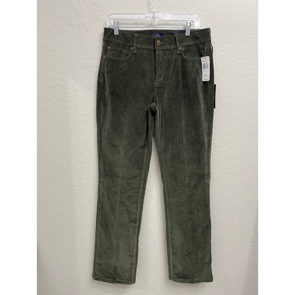 New NYDJ Corduroy Straight Leg Pants 10 Spanish Moss Green Preppy